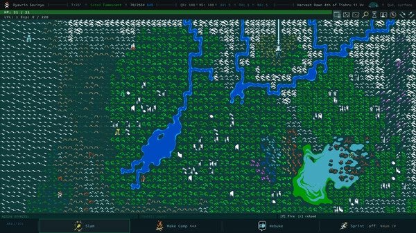 Screenshot from Caves of Qud showing a pixelated landscape with rivers, trees, and various terrain features in a top-down view.