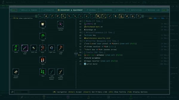 Screenshot of Caves of Qud showing the inventory screen with various items and equipment listed, including weapons and cybernetics.