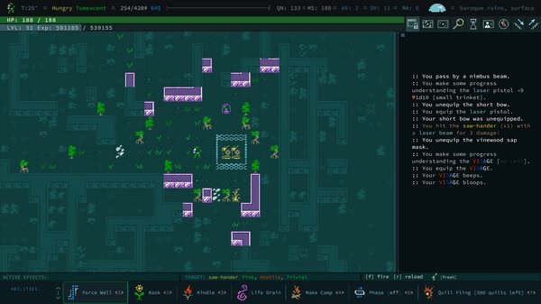 Screenshot from Caves of Qud showing a player navigating a maze-like structure with text logs on the right side of the screen.