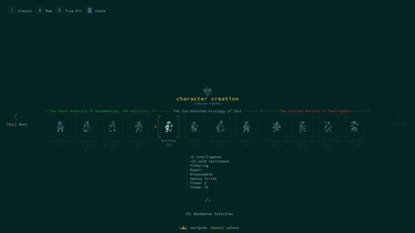 Screenshot from Caves of Qud showing character creation screen with various archetype options available for selection.