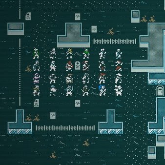 Caves of Qud screenshot: A group of characters stand near structures and fences in a pixelated, snowy landscape.