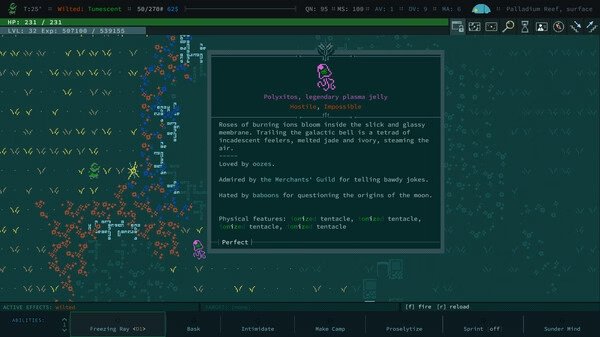 Caves of Qud screenshot: A player encounters Polyxetus, a legendary plasma jelly, with detailed stats displayed on the screen.