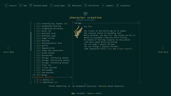 Caves of Qud screenshot: Character creation menu displaying various mutations and defects options with detailed descriptions.