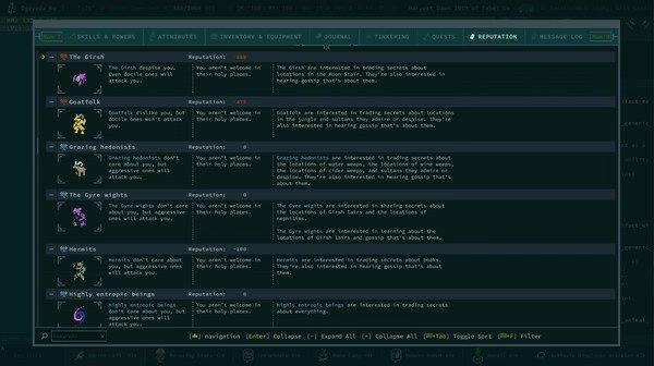 Caves of Qud screenshot showing the reputation screen listing factions like Girsh, Goatfolk, and Grazing hedonists with descriptions.