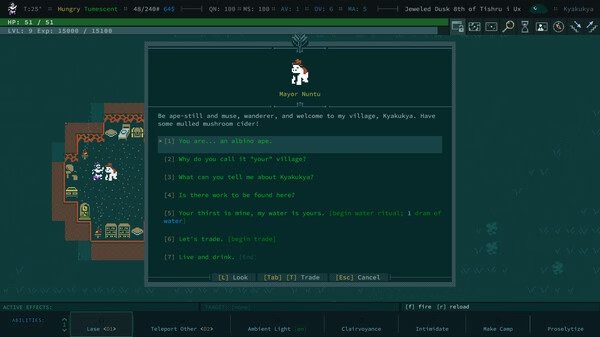 Screenshot of Caves of Qud showing dialogue with Mayor Nuntu in Kyakukya village, alongside mushroom cider and trade options.