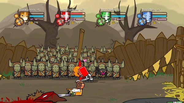 Castle Crashers screenshot: Characters battle in front of a wooden fence with a crowd of green armored soldiers watching.