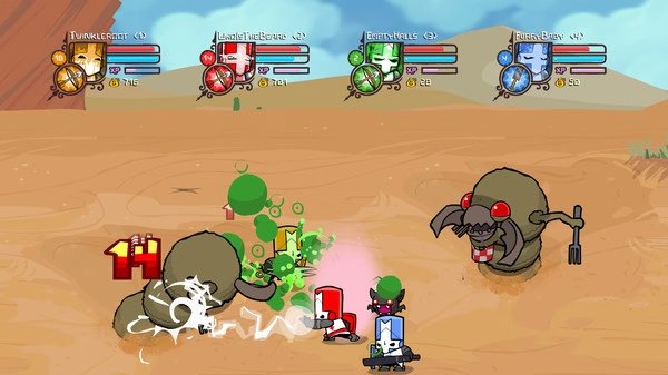 Castle Crashers screenshot: Four knights battle giant insect monsters in a desert environment with health bars visible.