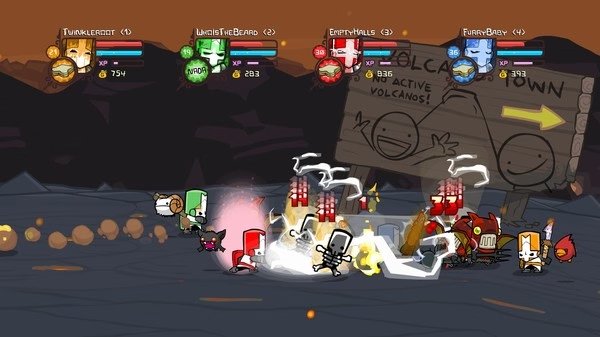 Castle Crashers screenshot showing knights battling enemies in a volcanic area, with health bars and a "Volcano Town" sign visible.