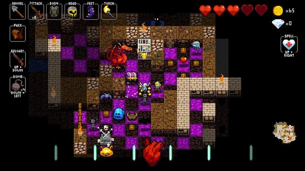 Crypt of the NecroDancer screenshot showing a dungeon, a red dragon, enemies, loot, and the player's character navigating tiles.