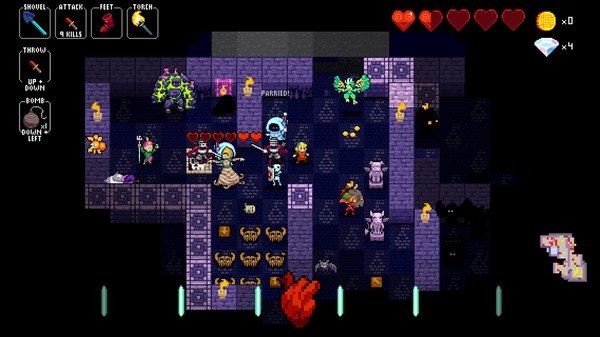 Crypt of the NecroDancer screenshot: A hero battles monsters in a dungeon, surrounded by items and health indicators.