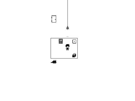 OMORI screenshot: A character stands in a black-and-white room with a door, a light bulb, and a cat lying on the floor.