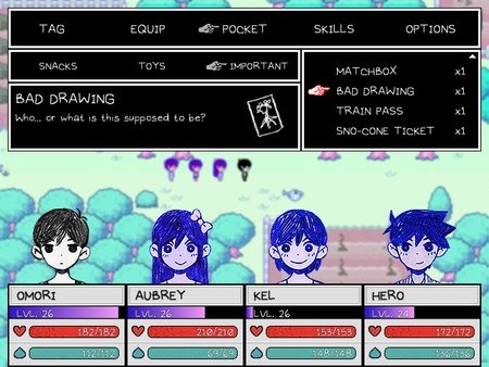 OMORI screenshot: The inventory menu displays items, including "Bad Drawing," while four characters stand below in a colorful scene.