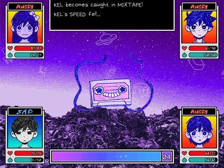 OMORI screenshot: Battle scene featuring characters Kel, Aubrey, and Hero with emotions, against a mixtape enemy.