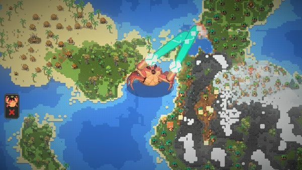 WorldBox - God Simulator screenshot: A giant crab shoots lasers over a colorful map with villages, forests, mountains, and oceans.