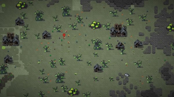 Screenshot from WorldBox - God Simulator showing a pixelated landscape with several huts, vegetation, and scattered stones.