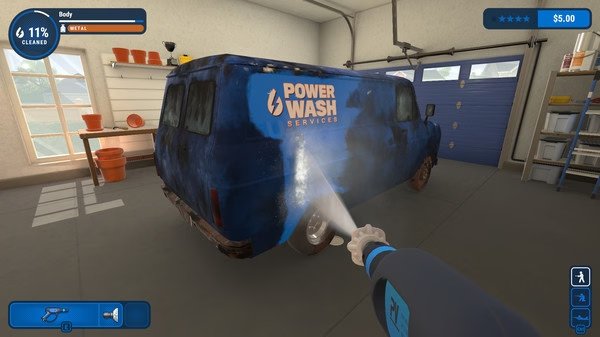Screenshot of PowerWash Simulator showing a van being cleaned with a power washer in a garage.