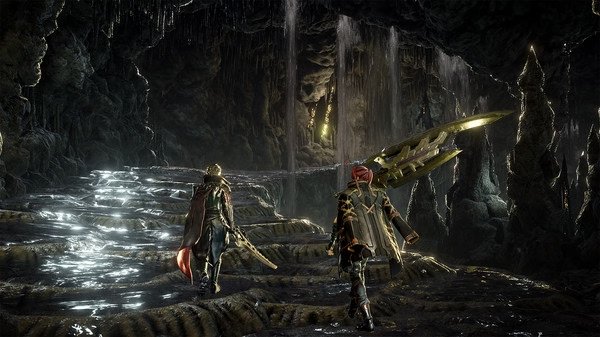 CODE VEIN screenshot: Two characters venture through a dimly lit, water-filled cavern, with glowing weapons ready for action.