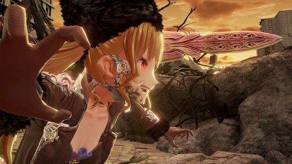 CODE VEIN screenshot: Character in ornate armor reaches forward, against a backdrop of ruins and a dramatic sunset sky.