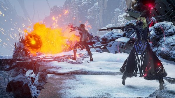 Screenshot from CODE VEIN showing two characters battling fiery creatures on a snowy terrain with dramatic explosions.