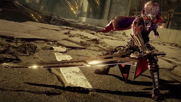CODE VEIN screenshot: A character in a dark outfit wields a large glowing sword on a cracked, desolate battlefield.