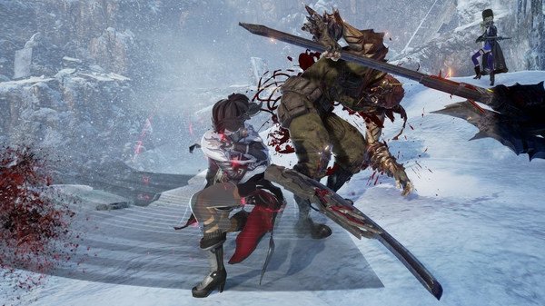 CODE VEIN screenshot: A player character battles a large armored enemy in a snowy area, with blood effects and weapons in action.