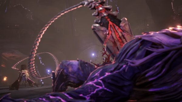 CODE VEIN screenshot: A player character faces a large, twisted enemy in a dark, ominous environment with glowing effects.