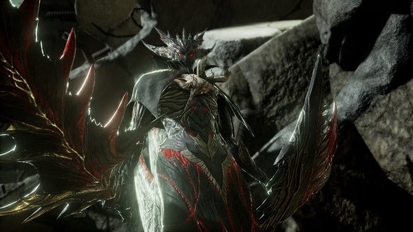 CODE VEIN screenshot: A fearsome winged creature with glowing red eyes and intricate armor stands in a rocky environment.