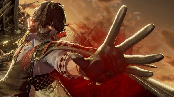 A CODE VEIN screenshot showing a masked character extending their hand, surrounded by glowing red energy in a ruined setting.
