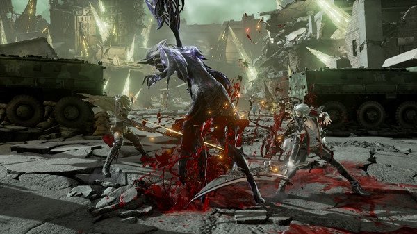 CODE VEIN screenshot: Players battle a large, dark creature wielding a scythe amidst a war-torn cityscape with military vehicles.