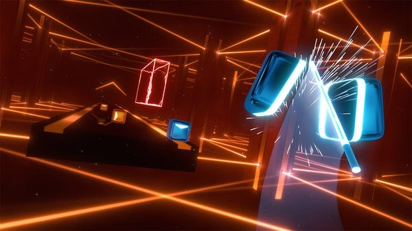 Beat Saber screenshot showing glowing neon blocks being sliced by a blue saber in a futuristic, grid-like environment.