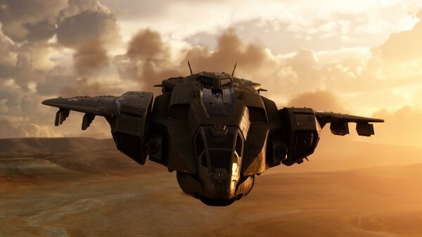 A screenshot from Microsoft Flight Simulator 2020 showing a futuristic aircraft flying over a desert landscape during sunset.