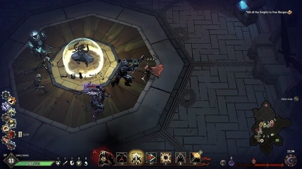 Ravenswatch screenshot: A character is surrounded by enemies on a circular platform. Game interface elements are visible.