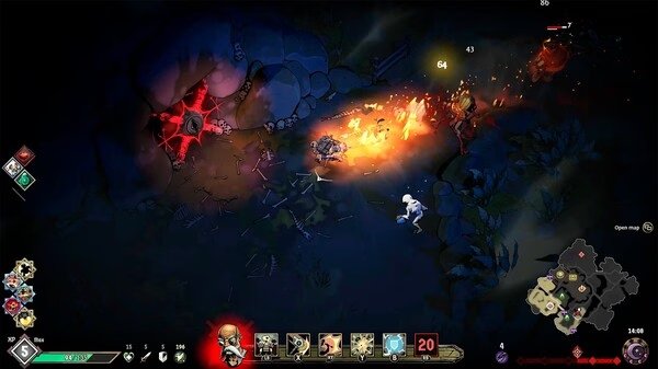 Ravenswatch screenshot: A fiery battle scene with character casting spells against skeletons and monsters, surrounded by rocks and a cavern entrance.