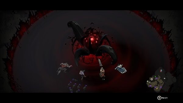 Screenshot from Ravenswatch showing a group of heroes facing a large, tentacled creature with a glowing red eye.