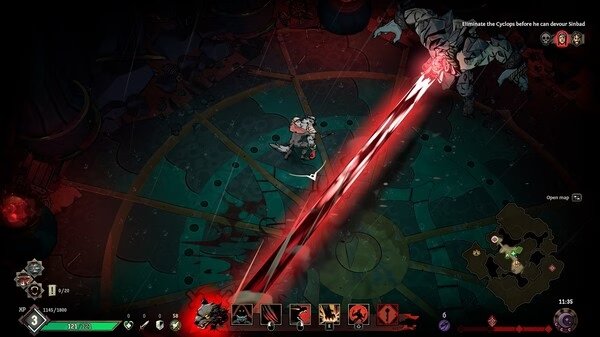 Ravenswatch screenshot: A hero fights a Cyclops with a powerful red beam attack amidst a dark, circular arena.