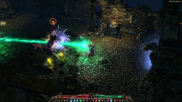 Grim Dawn screenshot: A character battles monsters in a dark, stone dungeon, casting bright green and colorful magic attacks.