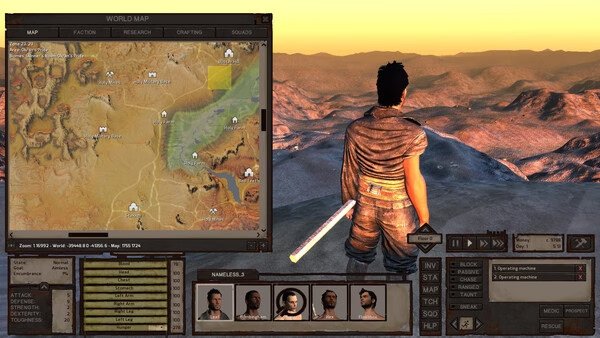 Kenshi screenshot: A lone character stands on a hilltop at sunset, overlooking a desert landscape with a map interface on the screen.
