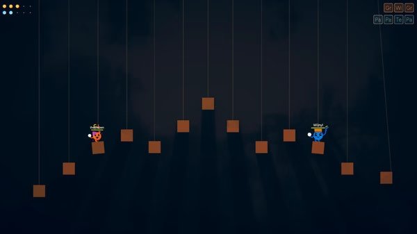 ROUNDS screenshot: Two animated characters, red and blue, navigate through a series of hanging platforms against a dark background.