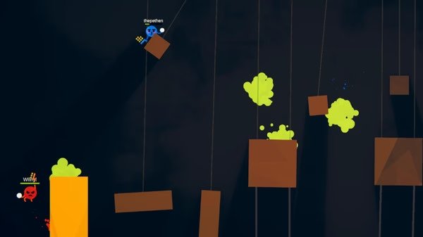 Screenshot from ROUNDS showing two characters navigating a platform with green obstacles and brown blocks.