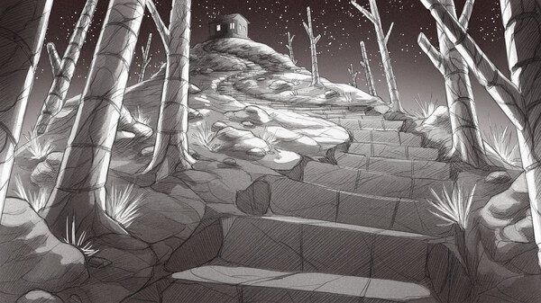 Screenshot from Slay the Princess: A winding stone path leads up a hill to a small cabin under a starry night sky.