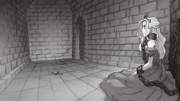 A screenshot from Slay the Princess showing the Princess in chains, seated on the floor of a stone dungeon with a knife nearby.