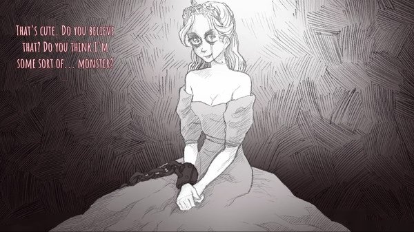 Screenshot from 'Slay the Princess' shows a chained princess in a dimly lit room, with text asking if she's considered a monster.