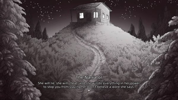 Screenshot from 'Slay the Princess': A cabin sits atop a hill under a starry sky, accompanied by ominous text from the narrator.