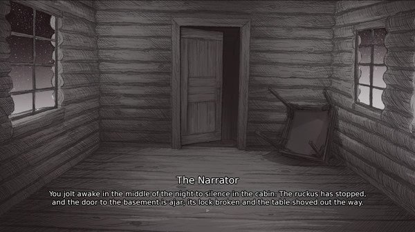 Screenshot from 'Slay the Princess': A dimly lit cabin with a broken door, an overturned table, and the narrator's text on screen.