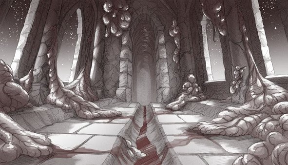 Screenshot from 'Slay the Princess': A dim, eerie hallway with twisted roots and a blood-red crack running along the stone floor.