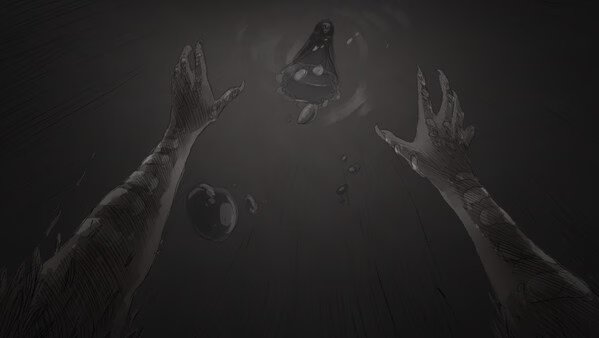 Screenshot from Slay the Princess: Two hands reaching towards a mysterious shadowy figure in a dark, ominous environment.