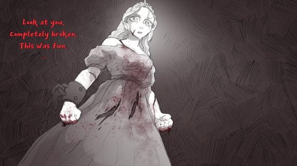 Screenshot from 'Slay the Princess' showing a princess with blood-stained wrists, wearing a tattered dress against a dark background.
