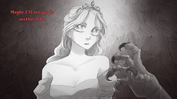 Screenshot from Slay the Princess showing a princess in a white dress with a clawed hand reaching towards her.