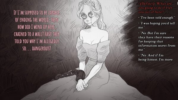 Screenshot from 'Slay the Princess': A princess sits chained, with dialogue options visible on the right side of the screen.