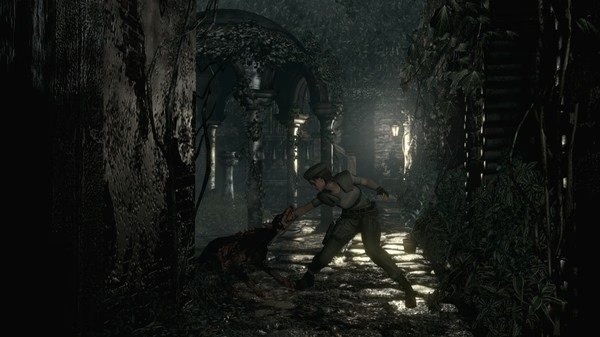 Resident Evil HD Remaster screenshot: A character battles a zombie dog in a dark, overgrown courtyard with stone arches and glowing lights.